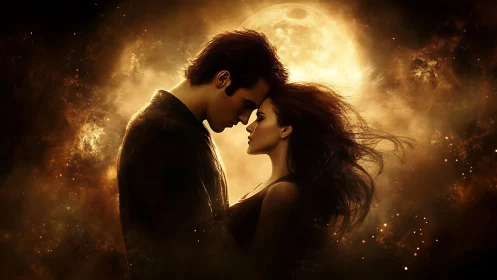 Silhouetted couple embracing beneath luminous full moon with golden atmospheric haze.