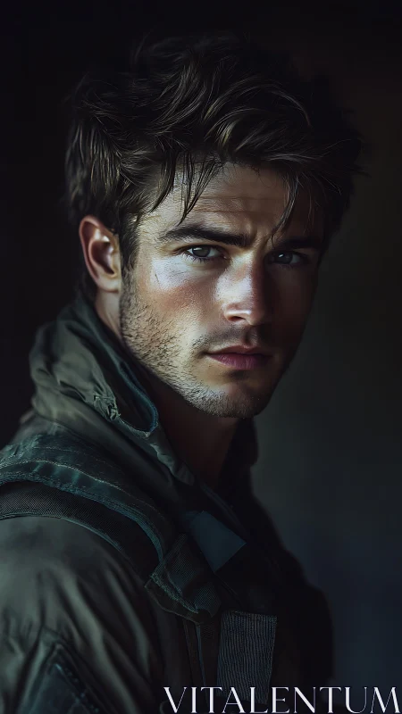 Thoughtful young soldier bathed in soft evening light.