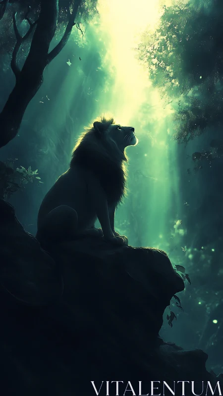 Majestic lion illuminated by ethereal forest skylight.
