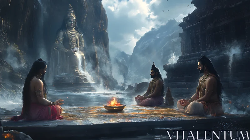 Mountain shrine meditation beside a silent stone deity.