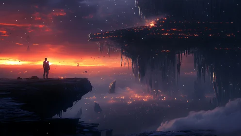 Solitary dreamer beneath a hovering twilight cityscape.