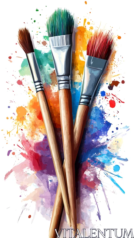 Triad of paintbrushes over dynamic watercolor splashes.