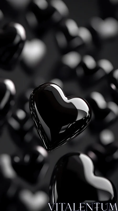 Glossy Obsidian Heart Floats Among Spherical Dreams in Monochrome