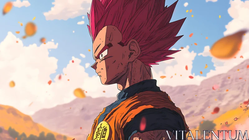 Red haired anime warrior stands in profile in autumn field