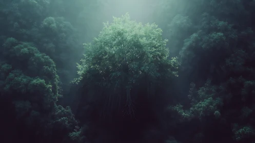 Suspended forest tree glows softly in misty teal light