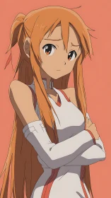 Anime swordswoman portrait with crossed arms, coral backdrop.