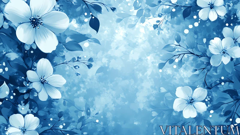 Blue floral composition with white petaled flowers and foliage.
