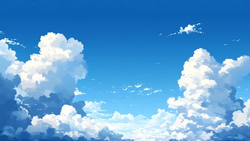 Towering summer clouds under clear deep blue sky.
