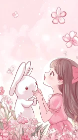 Soft pastel anime girl and rabbit rendered in high-key pink palette