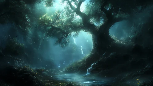 Mystical Underground Cavern with Luminous Water and Ancient Trees