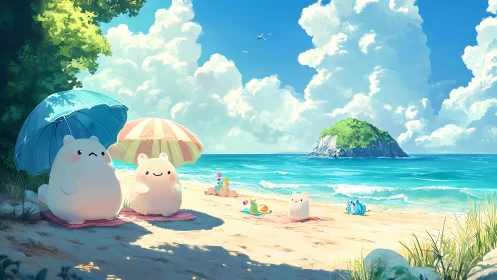 Cute plush creatures relax on a sunny, dreamy island beach