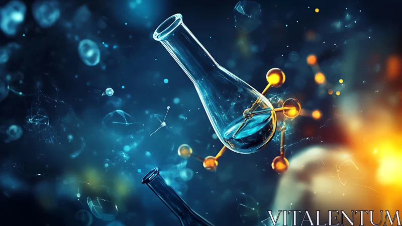 Laboratory glassware with molecular lattice in luminous suspension.