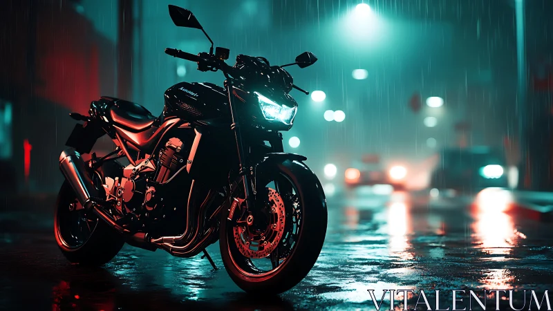 Sport motorcycle gleams under neon rain-soaked city lights.