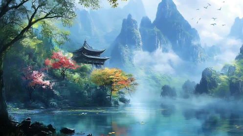 Mist-shrouded lakeside pavilion amid karst mountains at dawn