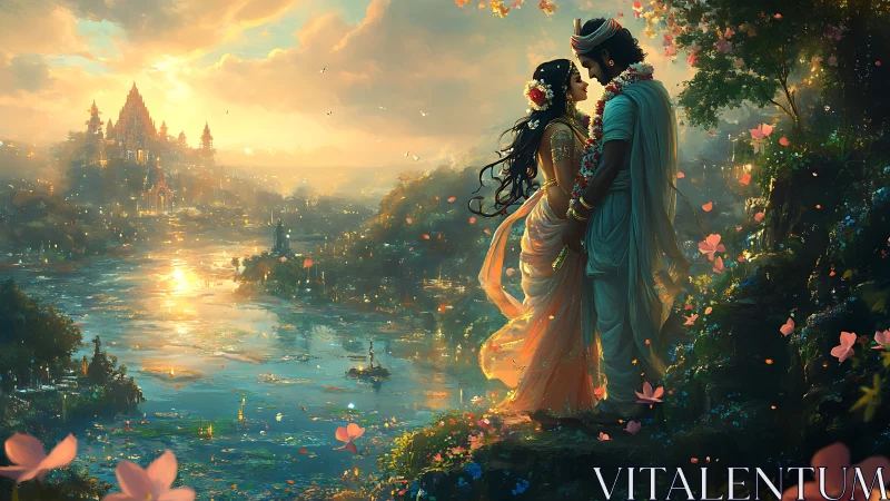 Divine lovers on riverside cliff at golden temple sunset.