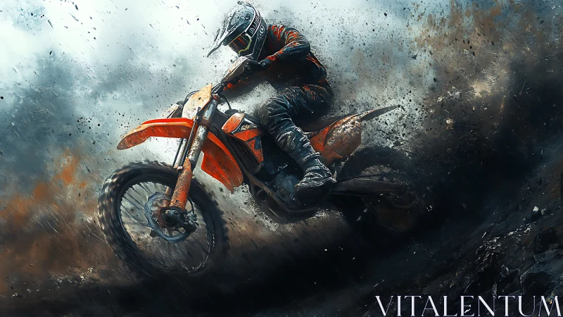 Dynamic digital painting of a motocross rider in storming debris.