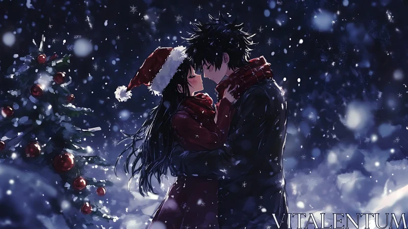 Snowy Christmas lovers share kiss under glowing tree