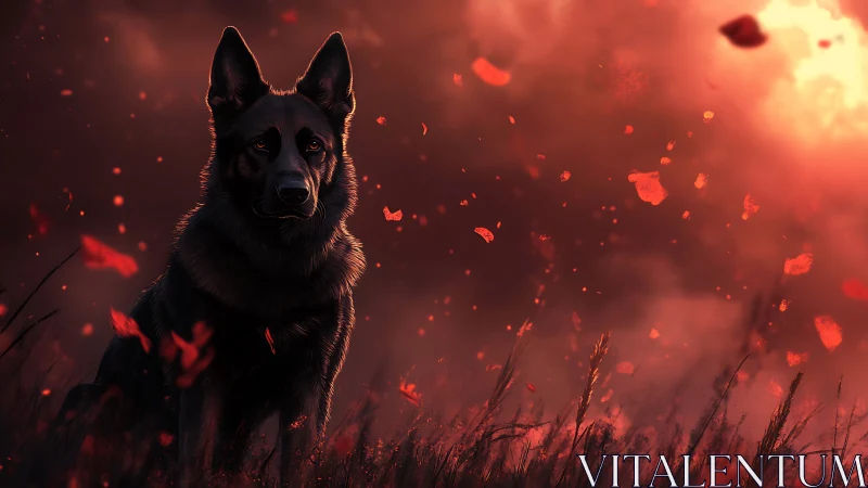 German shepherd silhouette against ember-lit dusk sky and petals