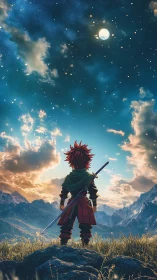 Anime hero under stellar sky in panoramic fantasy landscape.