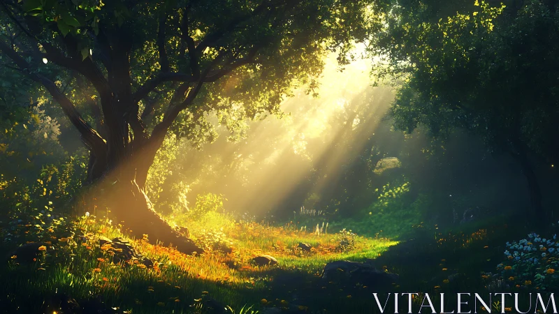 Golden morning sunlight sparkling in a quiet forest glade.