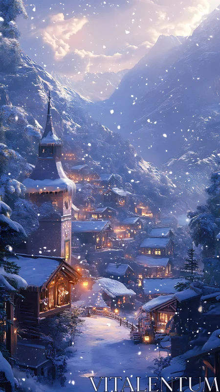 Snowfall over illuminated alpine village at blue hour