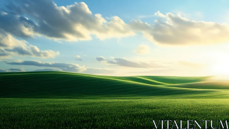 Sunlit green hills rolling softly under a calm morning sky.