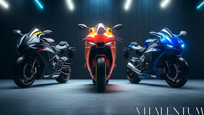 Three sport motorcycles stand under neon lights in a sleek studio