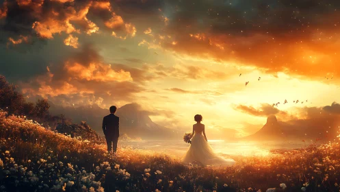 Bride and groom stand at glowing lakeside sunset scene.