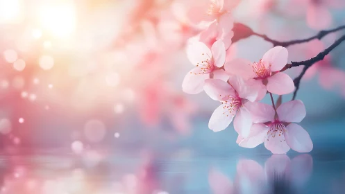 Pink cherry blossoms bloom on dark branch with water reflection.