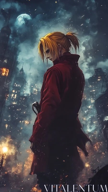 Solitary figure stands against illuminated night skyline