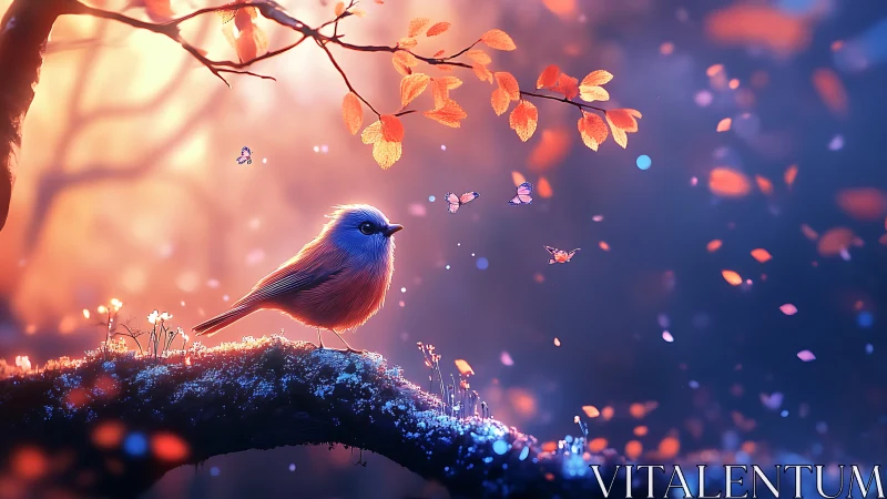 Small bird stands on mossy branch amid drifting foliage