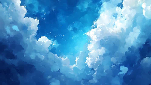 Soft blue sky window framed by billowing daydream clouds.