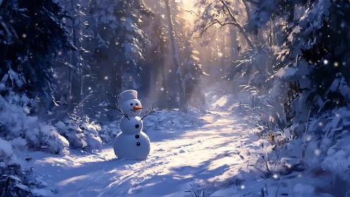 Snowman standing alone on a sunlit winter forest path.
