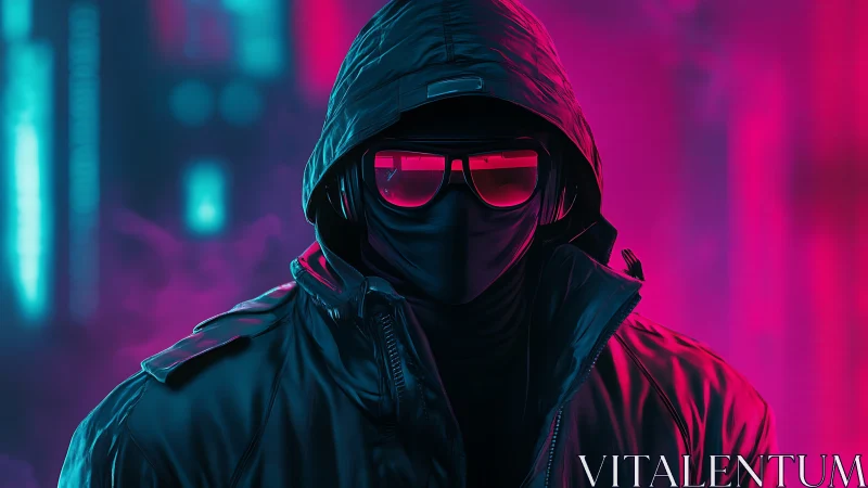Hooded cyberpunk figure stands in neon city haze