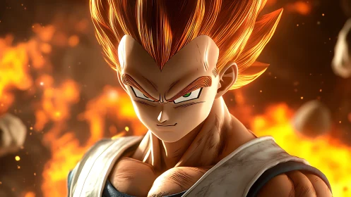 Fiery warrior smirks amid molten sky and swirling meteors.