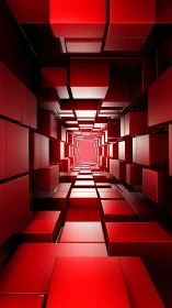 Crimson reflective cube tunnel with deep linear perspective.