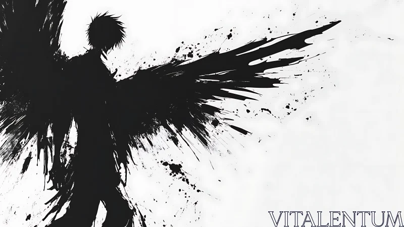 Ink-splattered dark angel silhouette on stark white field.