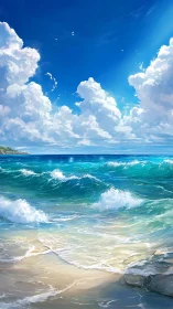 Sky-drenched shoreline where turquoise waves sing softly.