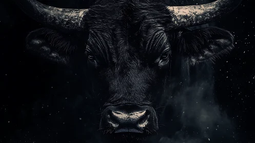 Midnight bull emerges from the void in stormlit silence.