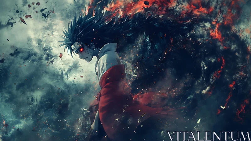 Anime warrior with red energy vortex and high contrast lighting