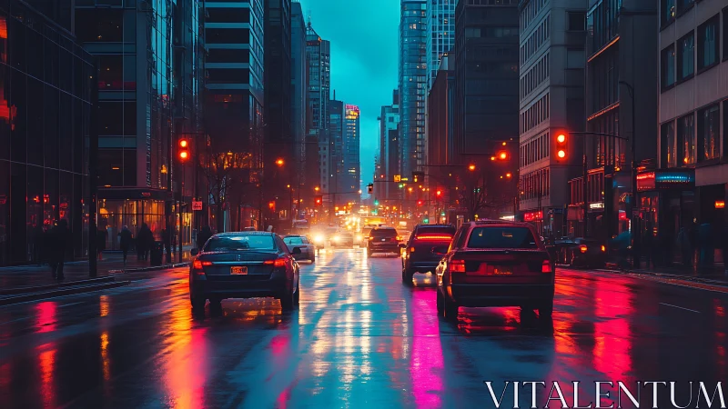 Rainy city avenue glows with neon reflections at dusk.