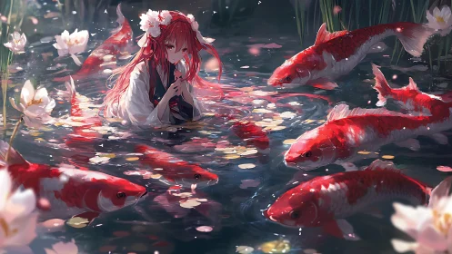 Red haired girl in koi pond surrounded by bright fish.
