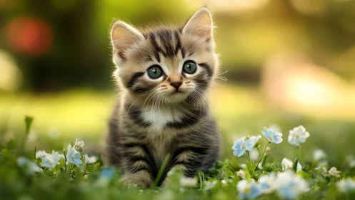 Tabby Kitten in Meadow Setting with Wildflowers