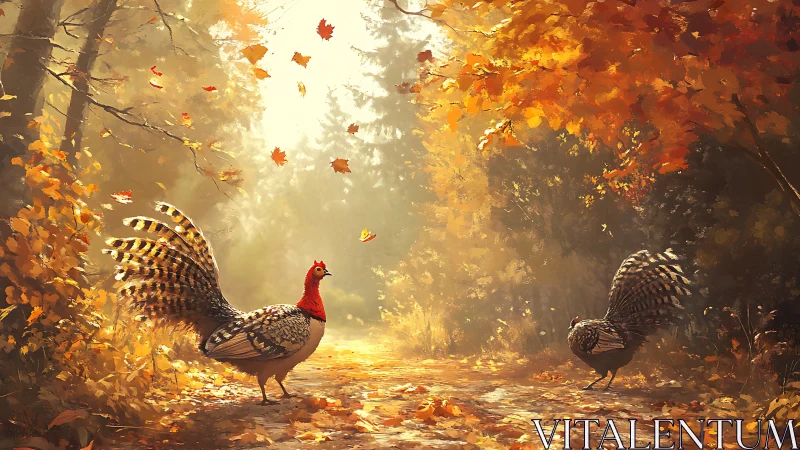 Autumn forest grouse under golden backlit foliage glow.