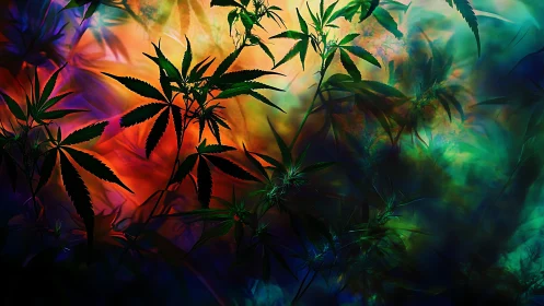 Chromatic cannabis foliage silhouetted against spectral nebulae.