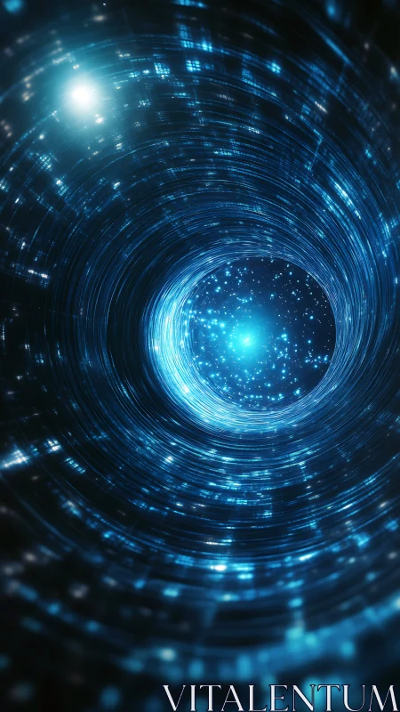Quantum data vortex tunnel with luminous blue particle stream.