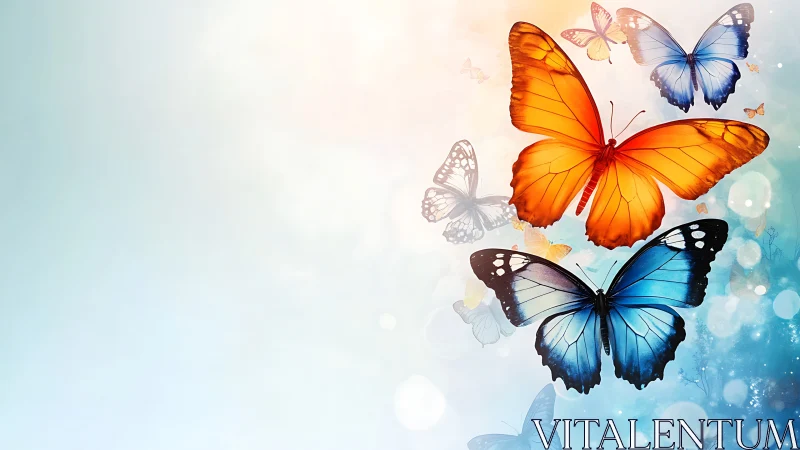 Vibrant gradient butterflies soar across dreamy bokeh sky.