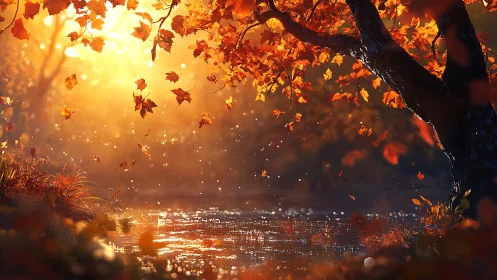 Autumn tree with falling leaves by reflective woodland stream.