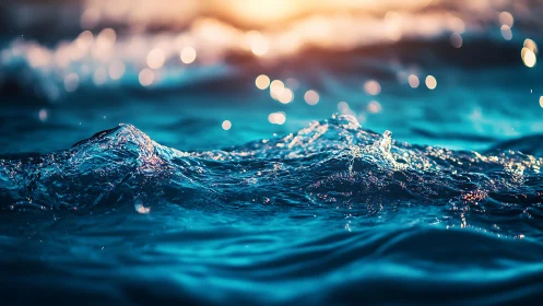Macro ocean surface waves in sunset backlight bokeh glow