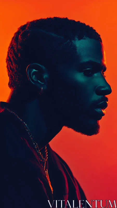 Moody side profile portrait in bold orange and teal light.